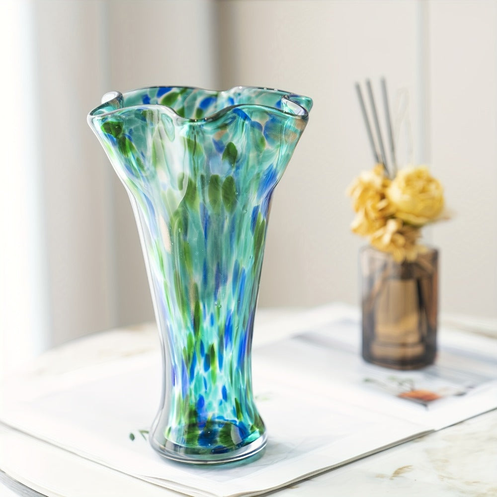 Teal Green Art Glass Flower Vase with Wide Petal-Shaped Mouth, 26 cm Height and Thick Round Base