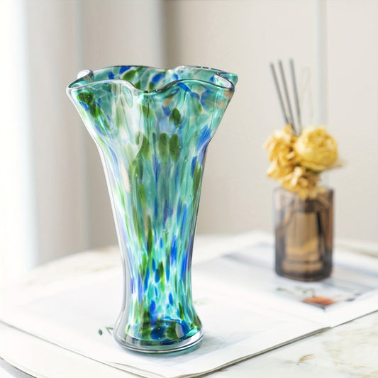 Hand Blown Glass Vase Colorful Wide Mouth, Teal Green Art Glass Flower Vase for Fresh Flowers & Spring Arrangements, Decorative Centerpiece for Bookshelf, Dining Table, Bedroom & Living Room