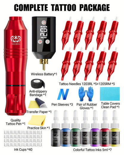 Tattoo Machine Kit Neebol Wireless Pen with Screen Display, 10 Cartridges, 7 Inks and Four Color or Pro Options