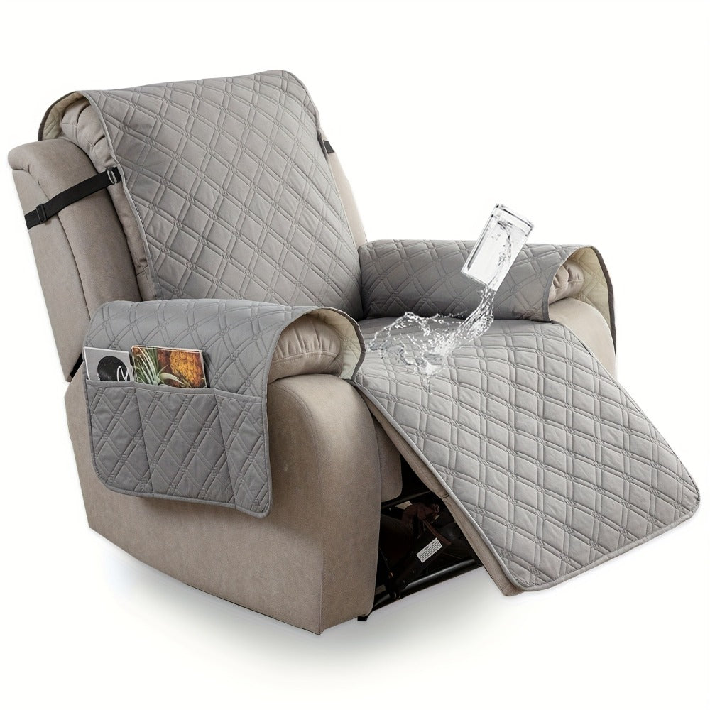Quilted One-Piece Recliner Chair Cover with Side Pockets, Back Buckle Strap and 11 Color Options