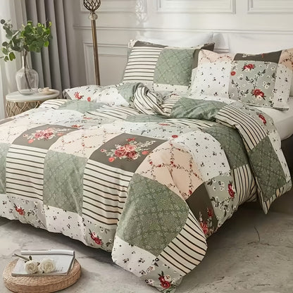 3-Piece Duvet Cover Set with Floral Patchwork Print in Blue, Green or Pink and Four Size Options