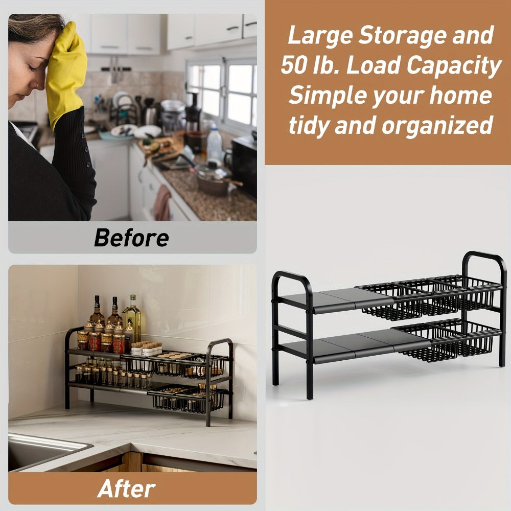 Expandable Two-Tier Under-Sink Organizer with Five Panels, Five Baskets and Exact Black Configuration