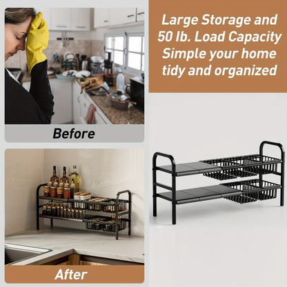 Expandable Two-Tier Under-Sink Organizer with Five Panels, Five Baskets and Exact Black Configuration