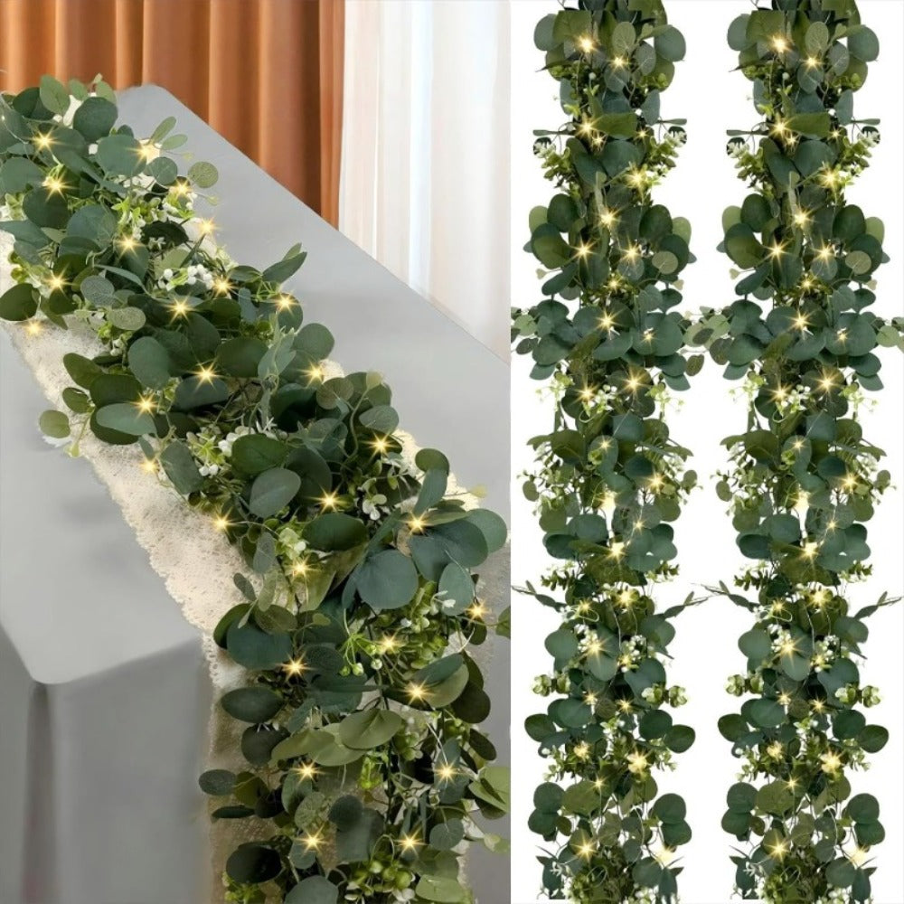 Lighted Eucalyptus Wreath Garland 6FT LED 2 Pack - Artificial Green Vine with Lights for Wedding Centerpiece
