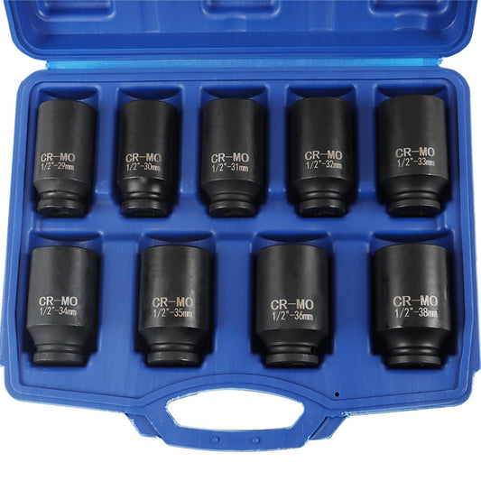 Deep Impact Socket Set 9pcs 29-38mm – 1/2" Drive Metric Axle Hub Nut Sockets for Installation & Removal, Heavy-Duty Plastic Construction, Auto Wheel Bearing & Hub Repair Tool