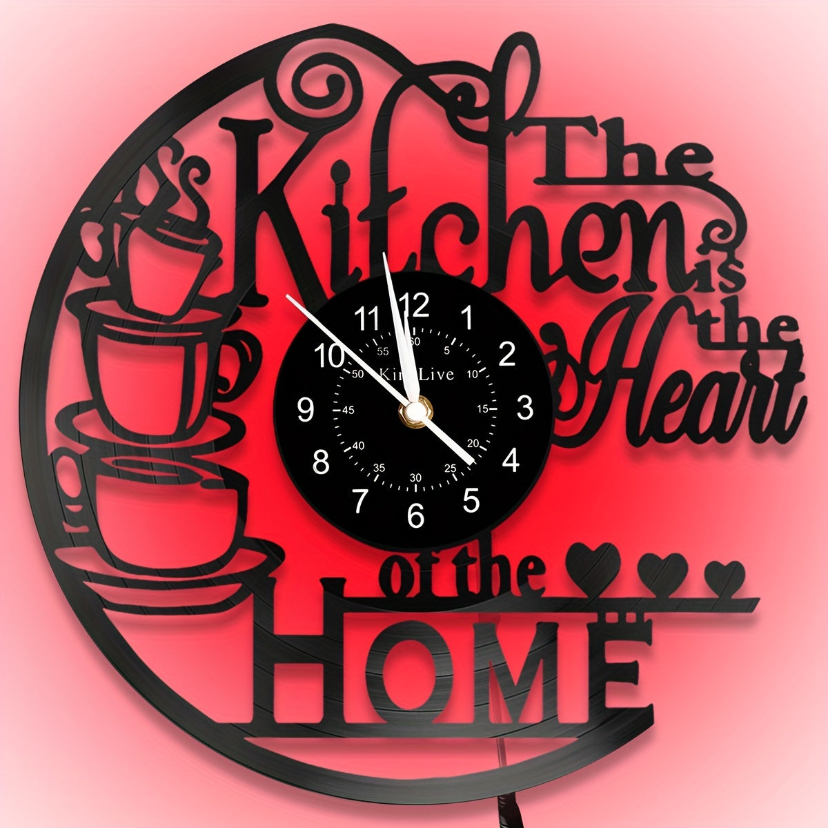 Coffee-Themed Vinyl Record Wall Clock with Cutout Lettering and Standard or LED Light Configuration