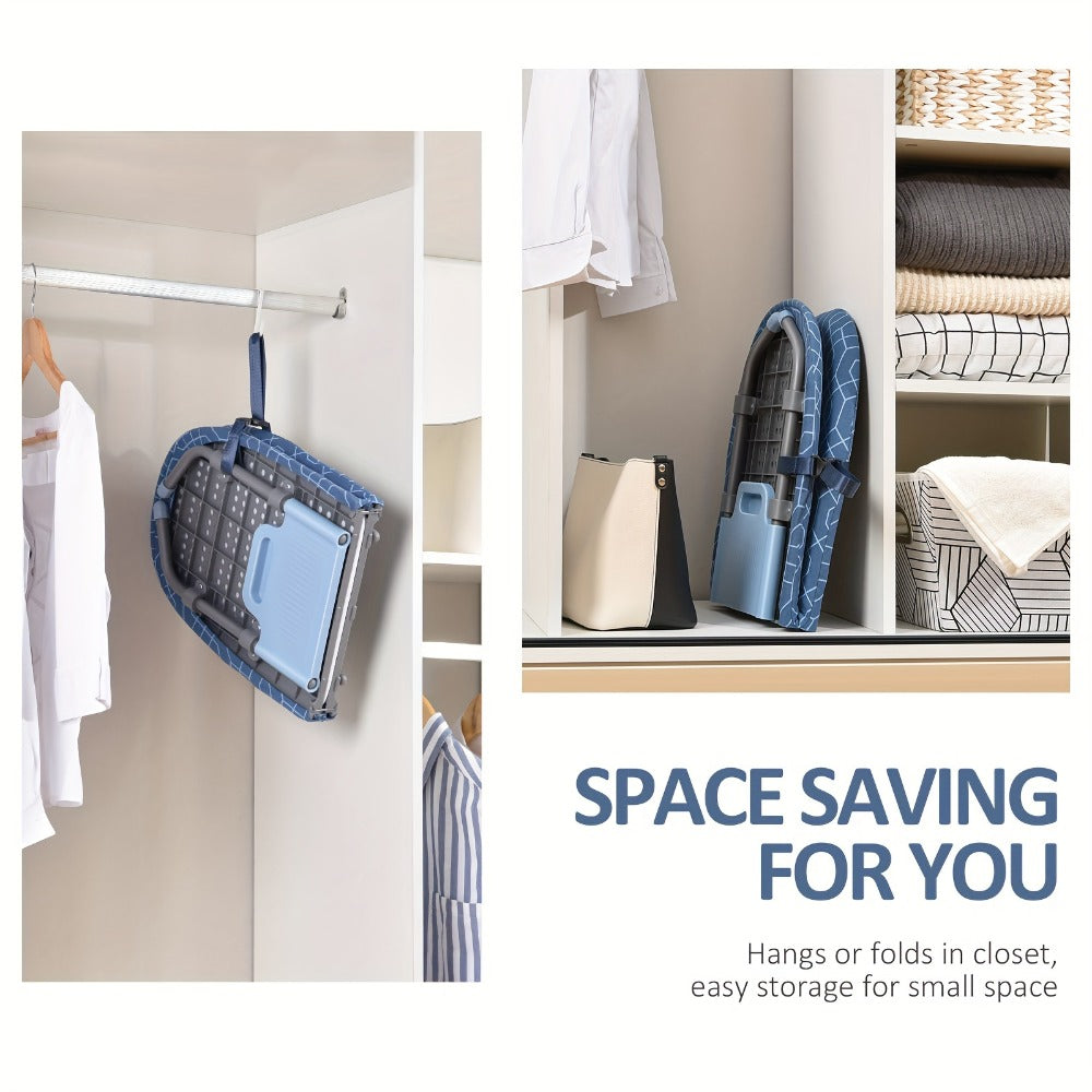 Mini Blue Tabletop Ironing Board with Short Folding Legs, Hanging Loop and Geometric Cover