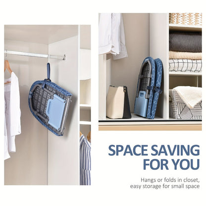 Mini Blue Tabletop Ironing Board with Short Folding Legs, Hanging Loop and Geometric Cover