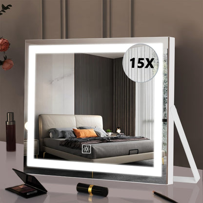 Rotating LED Vanity Mirror with 15X Magnifier, Three Light Colors and 14 x 17 Inch Framed Design