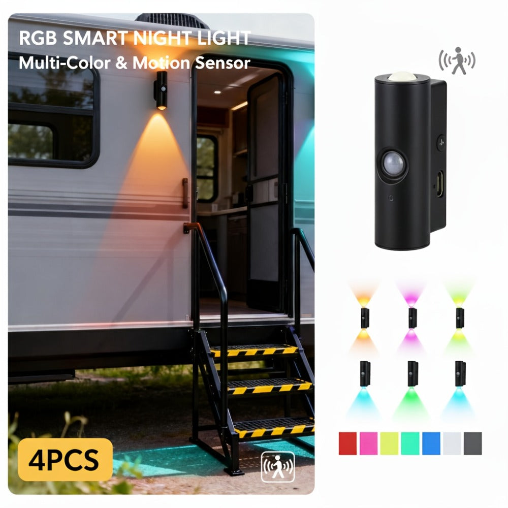 Motion Sensor Wall Lights 4-Pack – Rechargeable Magnetic Dual-Head LED Night Light, RGB & Tri-Color, Wireless for RV, Bedroom, Stairs, Cabinet & Closet