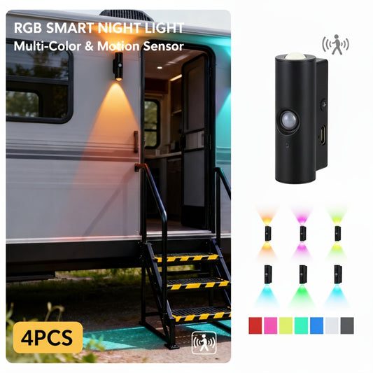 Motion Sensor Wall Lights 4-Pack – Rechargeable Magnetic Dual-Head LED Night Light, RGB & Tri-Color, Wireless for RV, Bedroom, Stairs, Cabinet & Closet