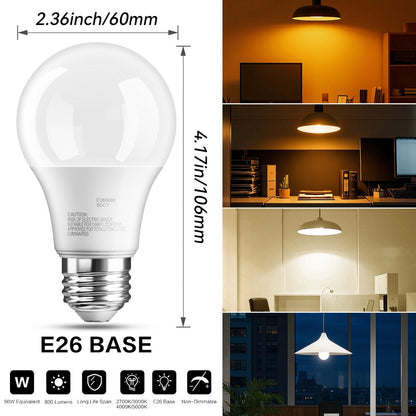 A19 LED Light Bulbs, 9W E26 12-Pack with 800-Lumen Marking in 2700K, 3000K, 4000K or 5000K