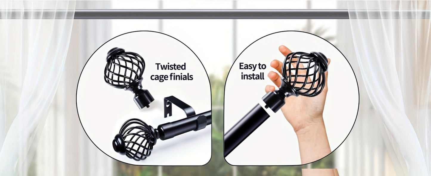 Black Adjustable Curtain Rod with Lattice Finials and Four Length Ranges from 18–32 to 34–152 Inches