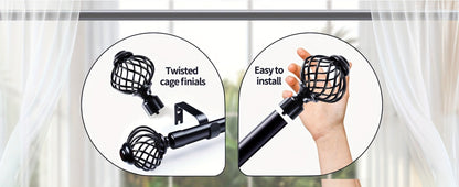 Black Adjustable Curtain Rod with Lattice Finials and Four Length Ranges from 18–32 to 34–152 Inches