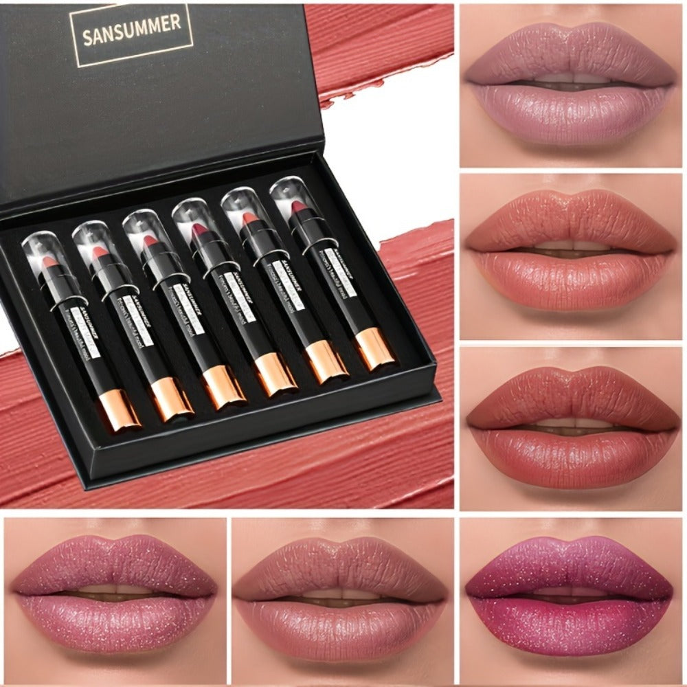 Matte Velvet Crayon Lipstick Gift Box Set 6 Shades Waterproof Long Lasting Highly Pigmented Easy Apply Twist-Up Lip Color for Women All Skin Tones Daily Wear Travel & Gifting