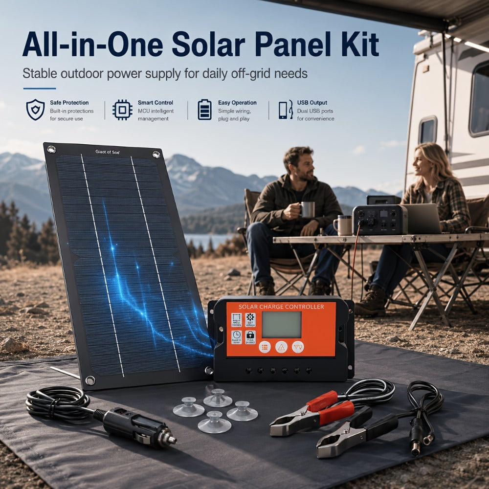 Solar Panel Kit with 100A Controller, Foldable Portable Solar Charging Kit with USB Direct Charging for Camping RV Boat Car Travel Emergency Power Supply, Off-Grid Solar Charger Set