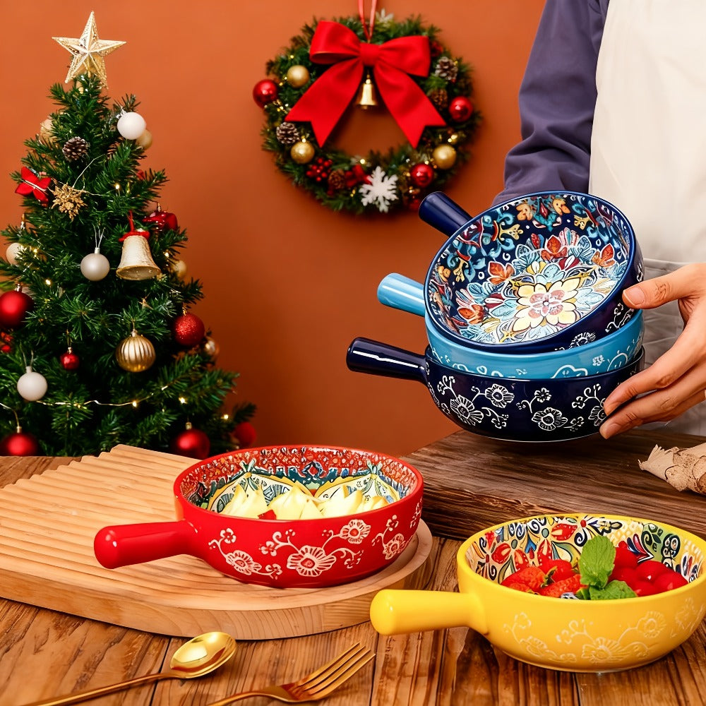 Four-Piece Bohemian-Style Ceramic Bowl Set with Handles in Light Blue, Blue, Red and Yellow