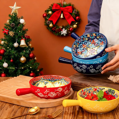 Four-Piece Bohemian-Style Ceramic Bowl Set with Handles in Light Blue, Blue, Red and Yellow
