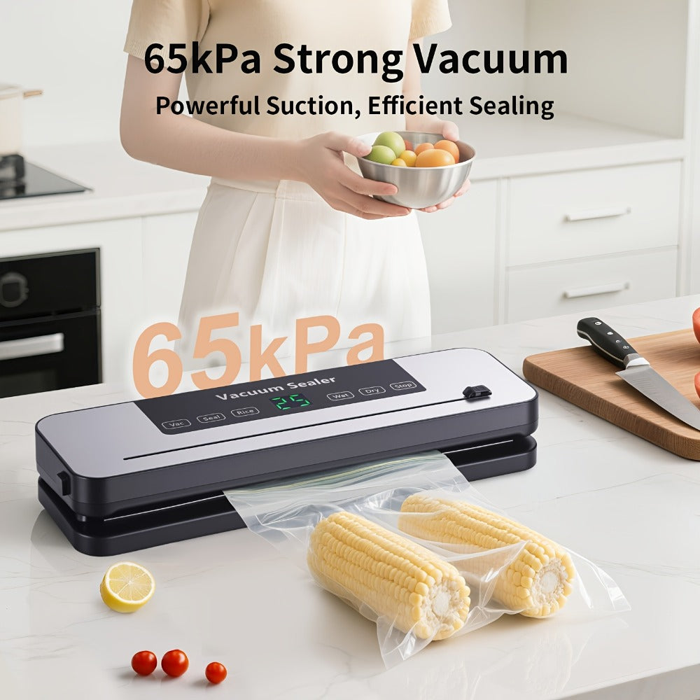 Countertop Vacuum Food Sealer with 65kPa Marking, Integrated Bag Cutter, Hose Port and 10 Bags