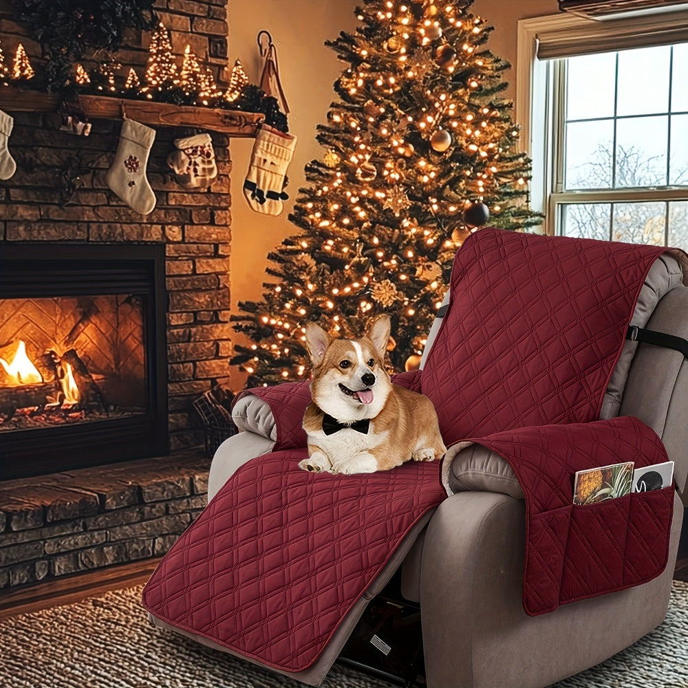 Quilted One-Piece Recliner Chair Cover with Side Pockets, Back Buckle Strap and 11 Color Options