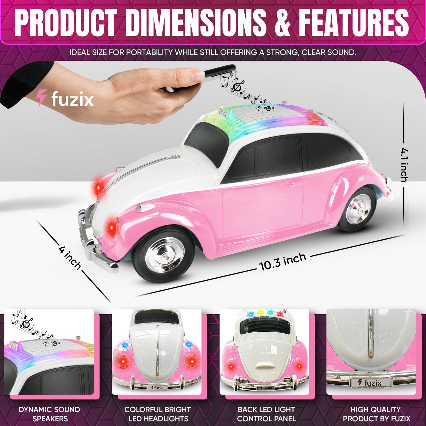 Fuzix WS-1958 Vintage Car Bluetooth Speaker with LED Headlights & Taillights | Retro Wireless Stereo, FM Radio, AUX/USB/TF, Built-in Mic, Rechargeable – Novelty Gift for Car Enthusiasts & Music Lovers