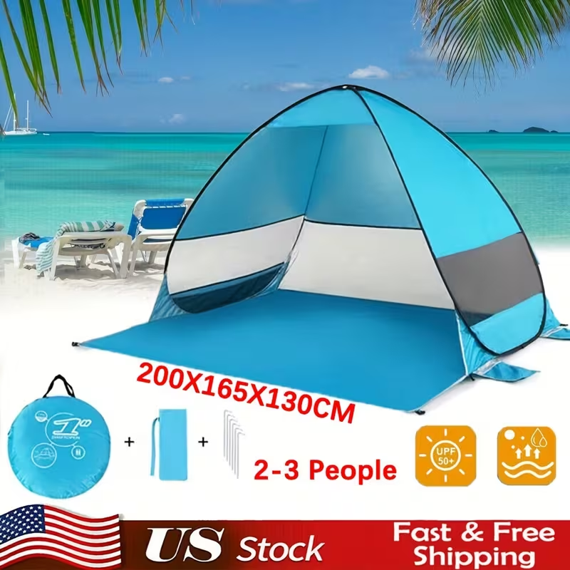 Pop-Up Beach Sun Shelter with 200 x 165 x 130 cm Interior, Six Stakes and Green or Blue Options