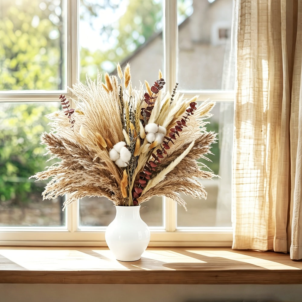 Natural 80-Piece Dried Flower Bouquet with Pampas Grass, Bunny Tails, Eucalyptus, Lavender and Wheat