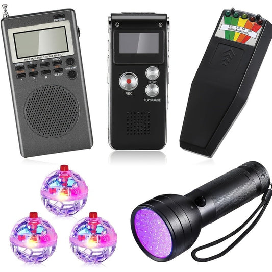 Ghost Hunting Equipment Kit 7pcs, EMF Electromagnetic Paranormal Detector, Digital EVP Voice Recorder 8GB, Handheld Radio, UV Flashlight, LED Cat Balls, Paranormal Investigation Set for Beginners & Pros