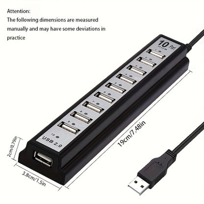 Black 10-Port USB 2.0 Hub with USB-A Host Cable, Numbered Ports and DC Power Input for Desktop Expansion