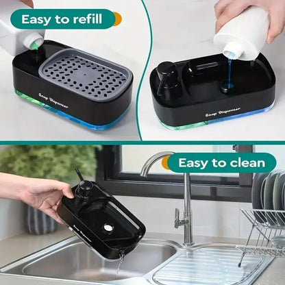 Soap Dispenser with Sponge Holder 2-in-1 - Countertop Dish Soap Pump Dispenser and Sponge Caddy for Kitchen Sink, Multi-Functional Detergent Dispenser with Built-In Sponge Holder, Available in White and Black Upgraded Version