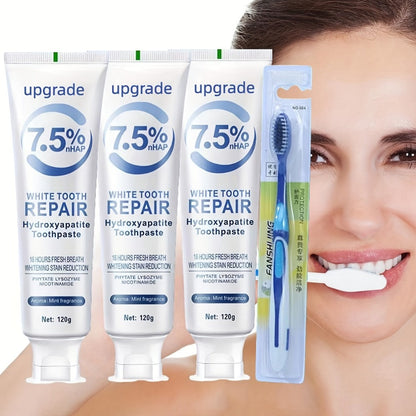 Hydroxyapatite Toothpaste 3-Pack 7.5% Nano Formula Whitening Toothpaste with Toothbrush Teeth Whitening Fresh Breath Enamel Repair Oral Care Set for Home and Travel Gift for Women Men