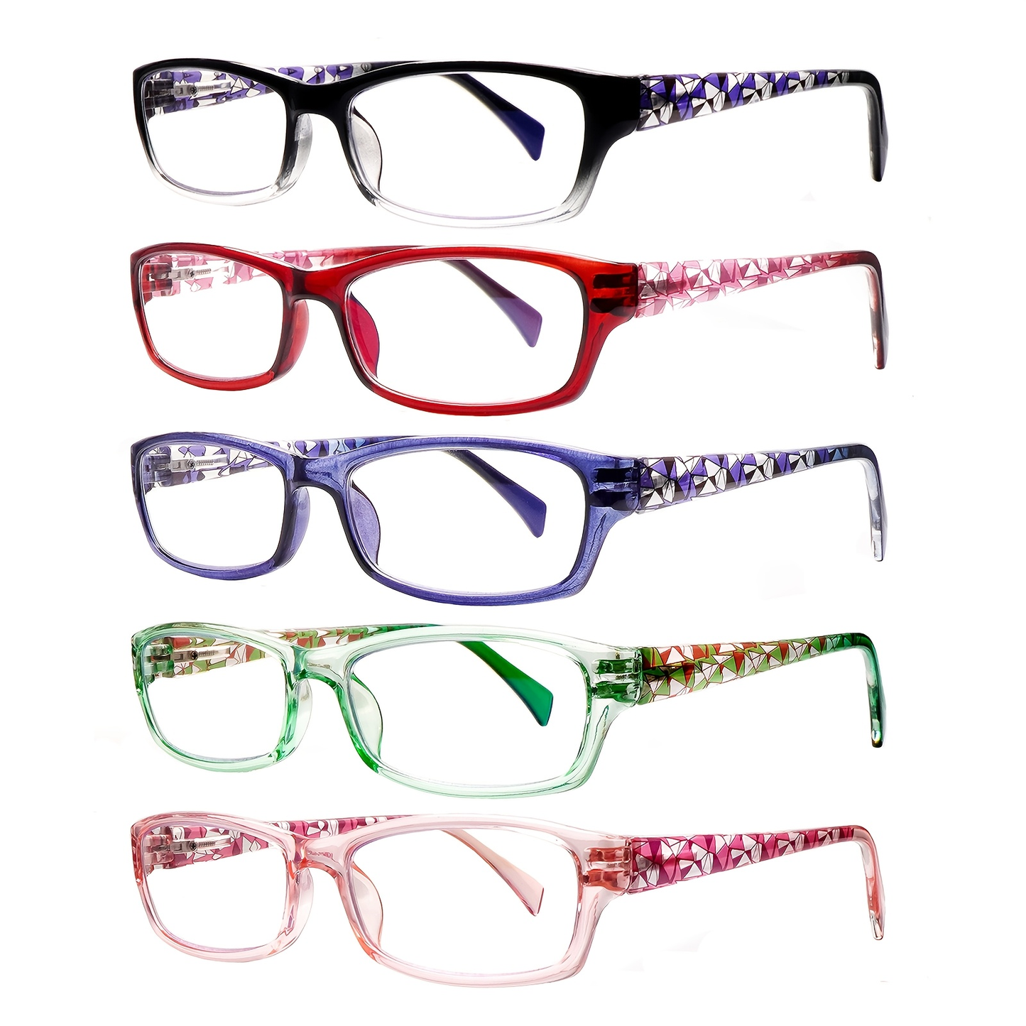Reading Glasses – Five-Pair Rectangular Blue-Light Lens Set with Spring Hinges and Mixed Colors