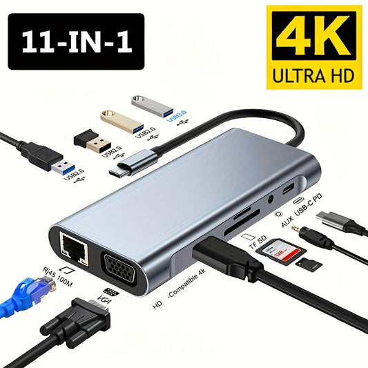 11-in-1 USB-C Docking Station with Triple Display, 4K HDMI, Gigabit Ethernet, 100W PD, 3 USB Ports, SD/TF Card Reader & Audio – Compatible with MacBook, Windows & USB-C Laptops