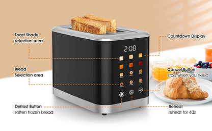Smart Digital Toaster 2 Slice with Touch Screen LCD Display, 6 Bread Types & 6 Shade Settings, Extra Wide Slots, Stainless Steel – Bagel, Cancel & Defrost Functions for Modern Kitchen