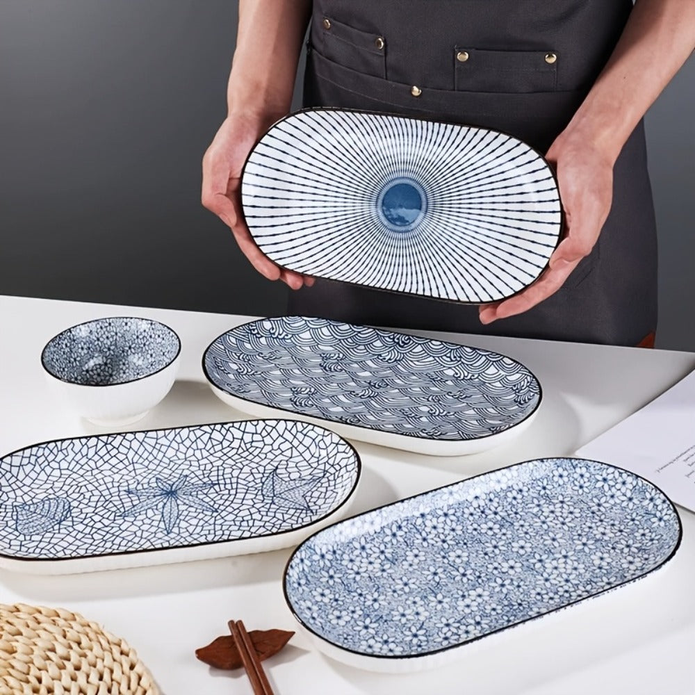 Four-Piece 12 Inch Blue and White Porcelain Fish Plate Set for Serving, Steaming and Oven Baking