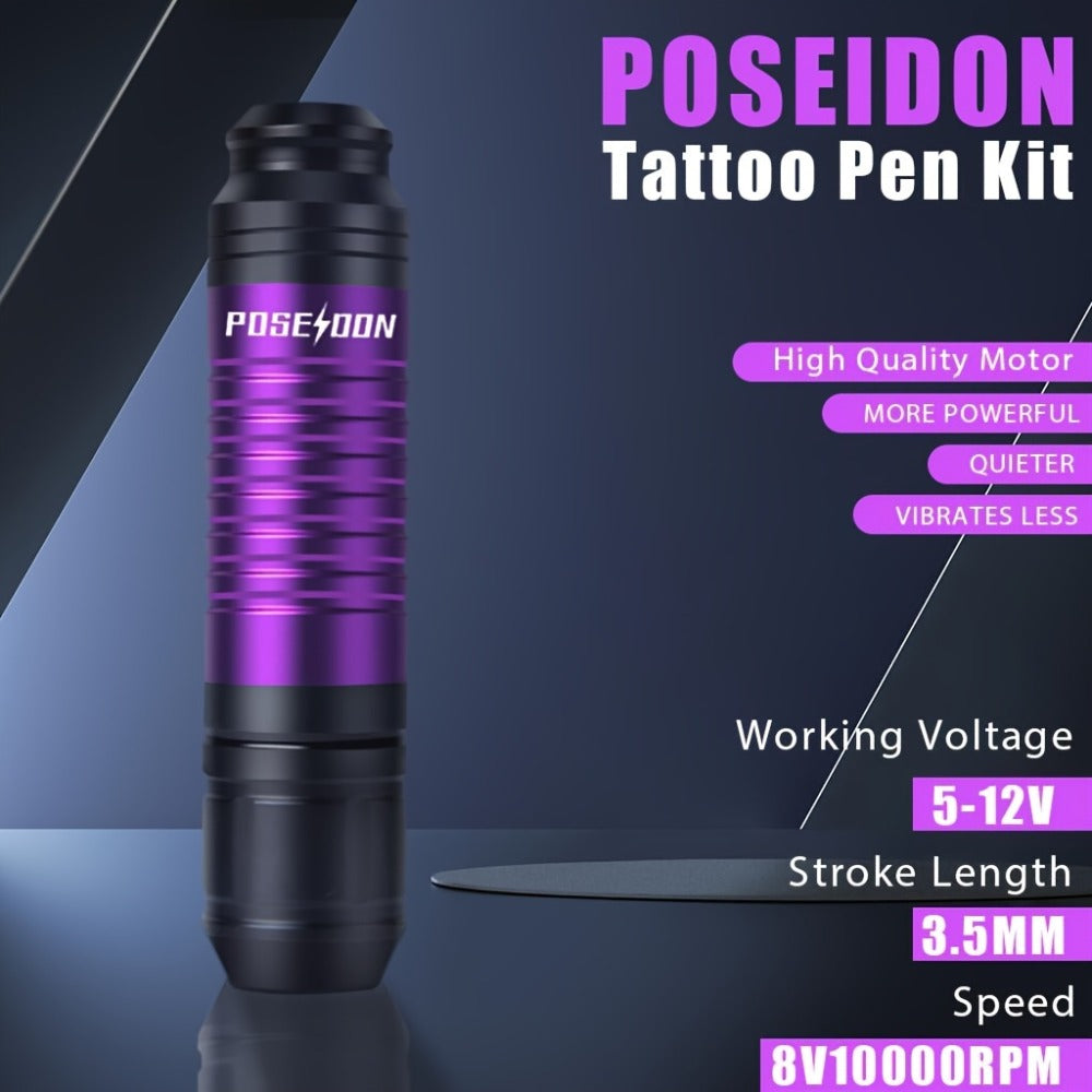Tattoo Machine Kit POSEIDON TU12 Wireless Pen with 1500mAh Battery, USB-C, 20 Cartridges and Practice Skin