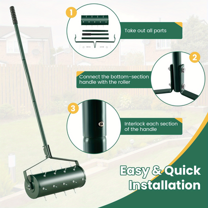 Rotary Lawn Aerator 18" Spike Drum with 27 Galvanized Steel Spikes, Fillable with Sand or Stone, 51" Anti-Slip Handle for Deep Soil Aeration Lawn Garden Yard