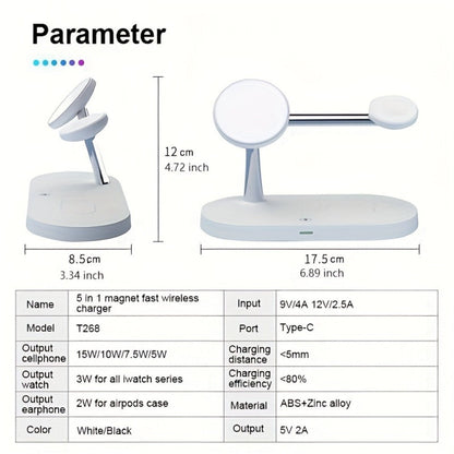 Wireless Charging Station, 3-in-1 Magnetic Stand with QC3.0 Adapter, Clock Display and White or Black Options