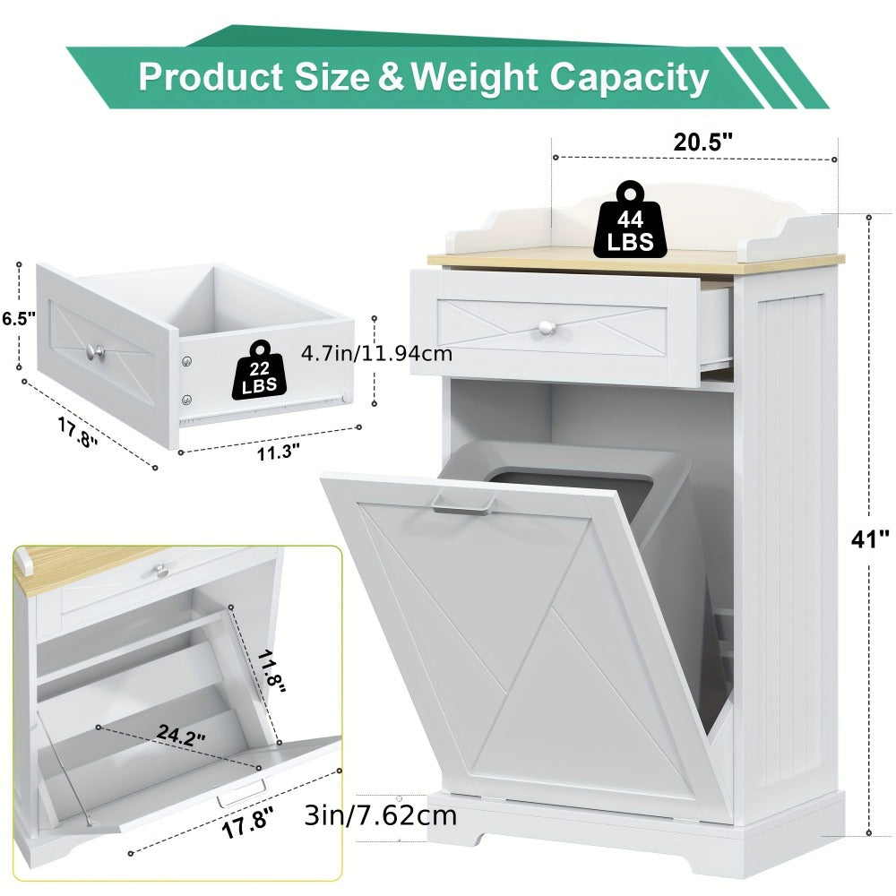 Storage Cabinet 12-Gallon Tilt-Out Trash Bin Enclosure with Top Drawer and Two Color Options