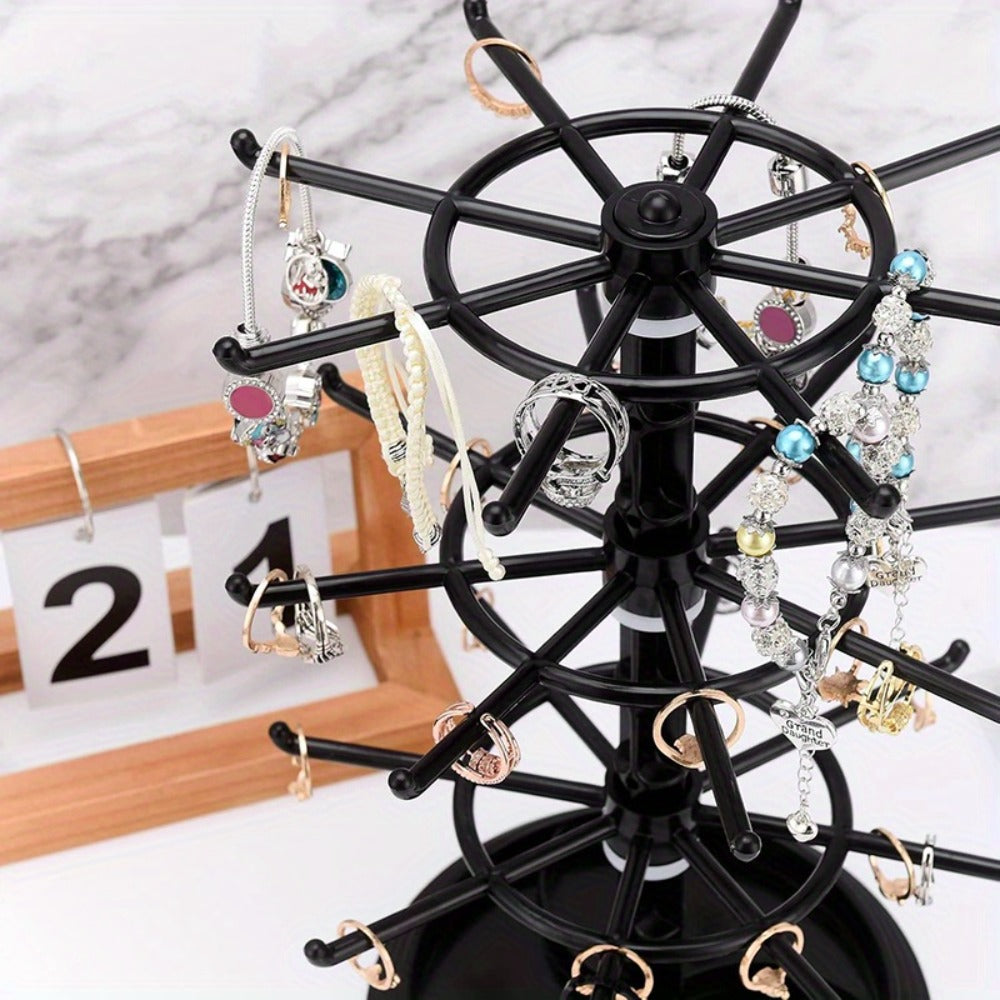 Rotating Jewelry Stand 2-Tier Black – Necklace Bracelet Earring Organizer Display Rack, Plastic Hanging Jewelry Tower for Dressing Table Counter, Keychain Holder, No Electricity Needed