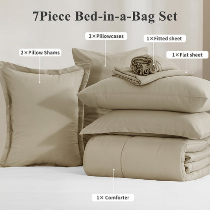 7 Piece Comforter Set Luxury Soft Fluffy Bedding All Season Bed in a Bag with Comforter Fitted Sheet Flat Sheet Pillowcases Hypoallergenic Breathable Easy Care Queen King Twin XL Full