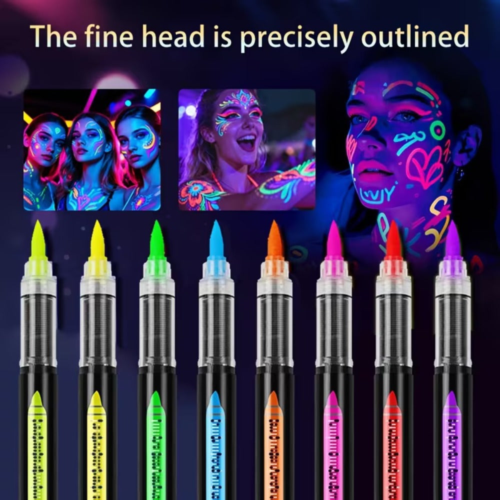 Face Body Paint Pen Set 8 Colors with 105 Tattoo Stencils – Glow in the Dark Neon UV Blacklight Face Paint Kit Easy Apply & Remove for Halloween Party Festival Cosplay Stage