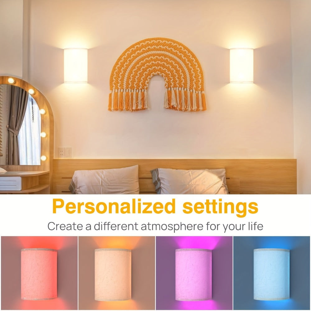 Rechargeable Two-Light Fabric Shade Wall Sconce Set with Magnetic Puck Lights and CCT or RGB Option