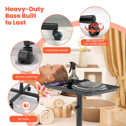 Black Adjustable Salon Tray Cart with 10 Disposable Covers, Rolling Casters and Removable Top Tray