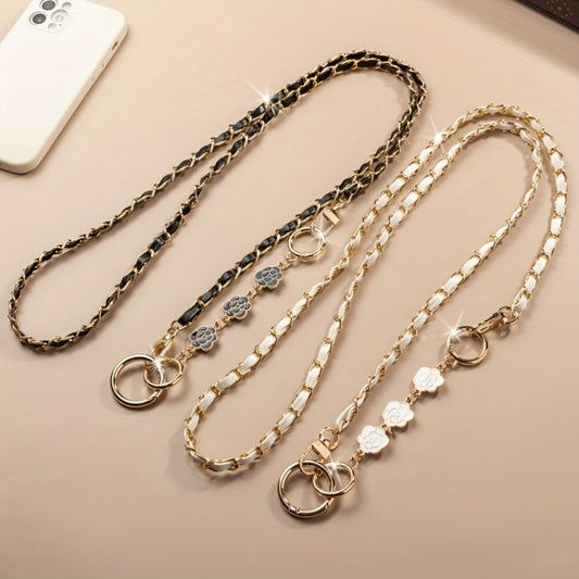 Crossbody Phone Strap Long Chain Pearl Camellia Metal Charm Elegant Lanyard for Women Girls – Clip-On Universal Fit iPhone Samsung Black White 2-5pcs Gift Set
