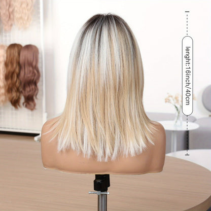 Synthetic Wig 16-Inch Gradient White-Golden Straight Style with Bangs and Adjustable Rose Net Cap