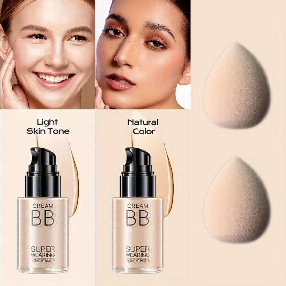 Moisturizing BB Cream Liquid Foundation Set 2-Piece with Makeup Sponge — Flawless Long-Lasting Medium Coverage Skin-Isolating Concealer for All Skin Types Women Natural & Light Beige Shades