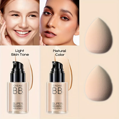 Moisturizing BB Cream Liquid Foundation Set 2-Piece with Makeup Sponge — Flawless Long-Lasting Medium Coverage Skin-Isolating Concealer for All Skin Types Women Natural & Light Beige Shades