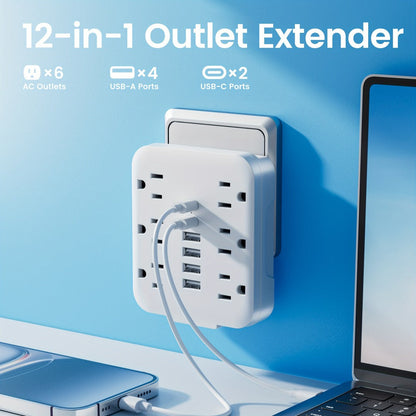 Power Strip Bedside Wall Extender 12-in-1 with 6 AC Outlets, 4 USB-A, 2 USB-C and Cord-Free Plug-In Design