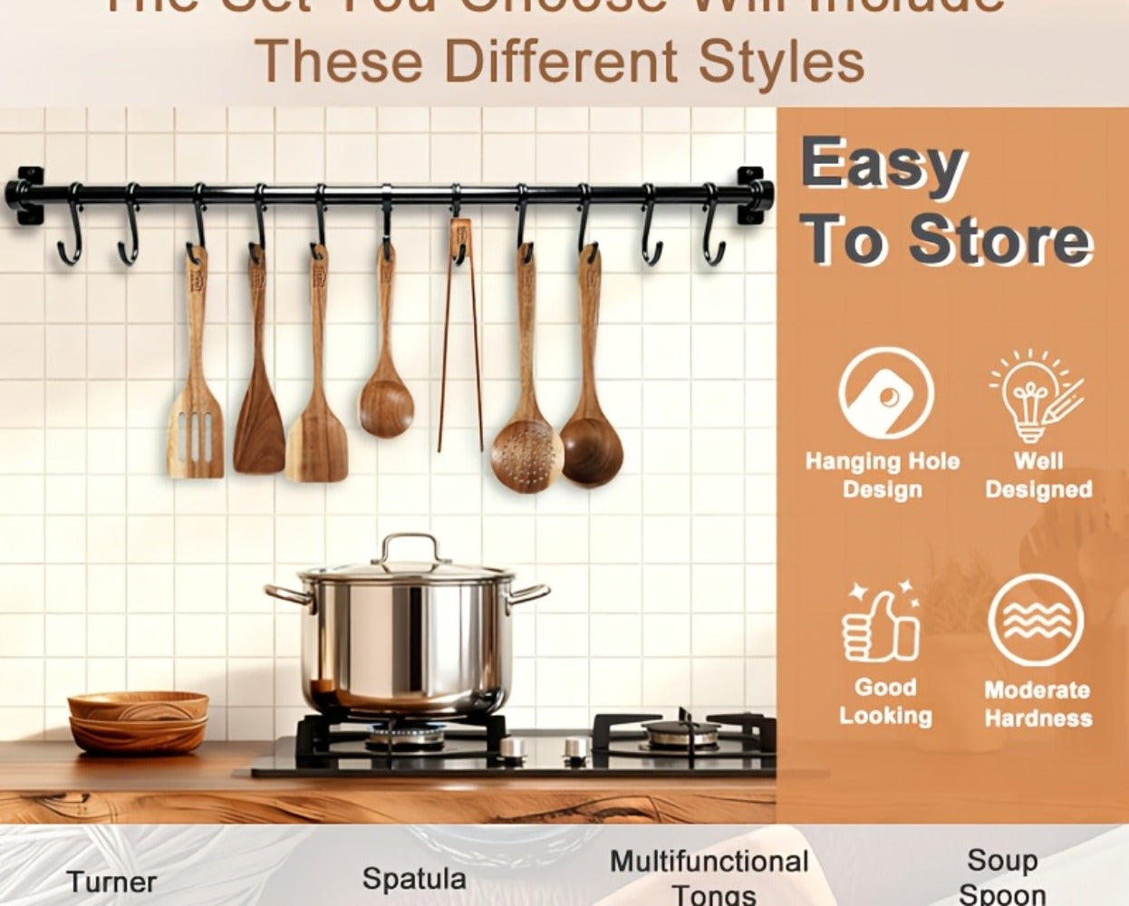 Wooden Kitchen Utensils Set 3/5/7Pcs – Natural Wood Spoons, Spurtle, Ladle & Wok Spatulas for Non-Stick Pans | Heat Resistant, Ergonomic Handle, Easy to Clean